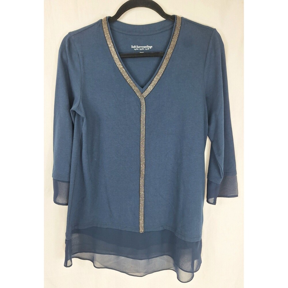 Soft‎ Surroundings Blue Layered Hem Tunic V-Neck Metallic Trim Size XS